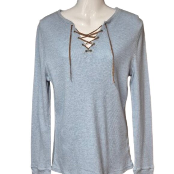 Lauren Jeans Co Waffle Knit Light Blue Lace-Up Long Sleeve Top Women's Sz Large - Picture 11 of 11